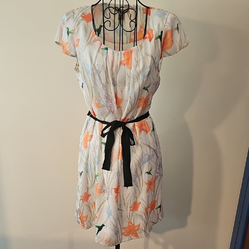 H&M White and Orange Floral Dress with Black Belt